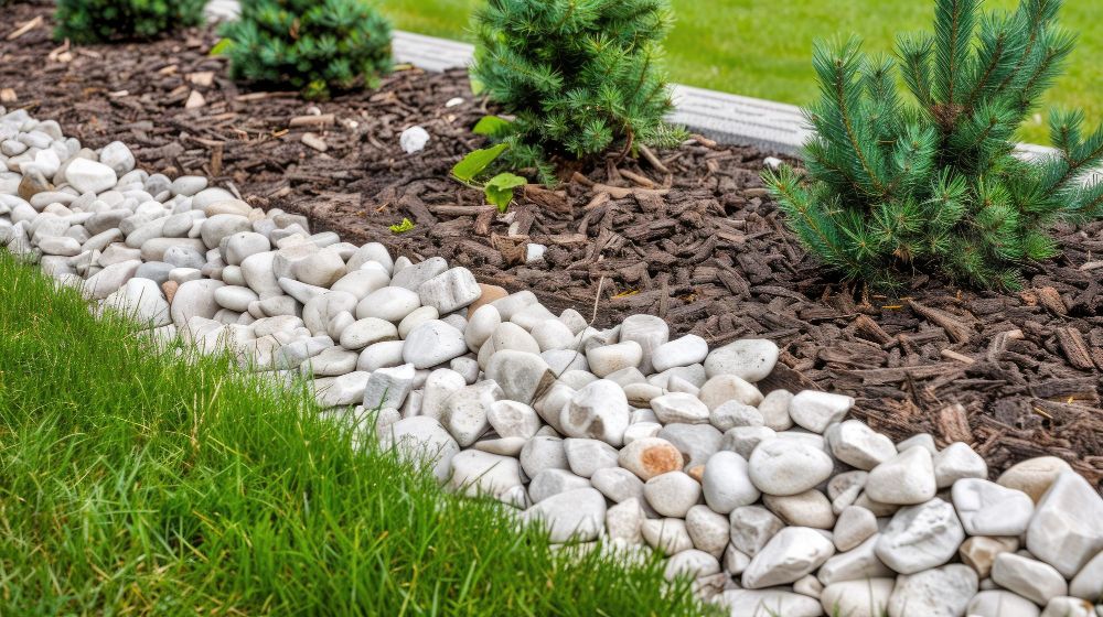 Kamienie i kora w ogrodzie z bliska