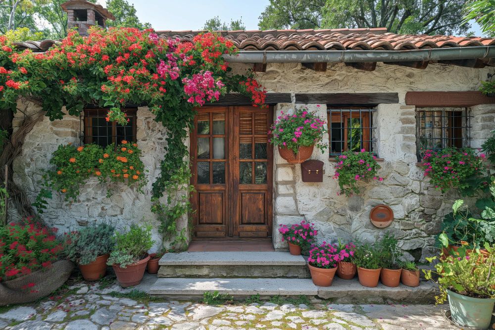 Rośliny w donicach przed wejściem do domu