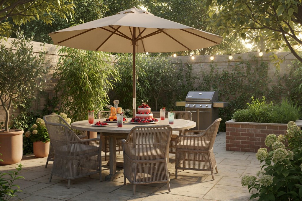 Zestaw mebli ogrodowych z drewnianym stołem i krzesłami, idealny na weekendowe przyjęcie w ogrodzie